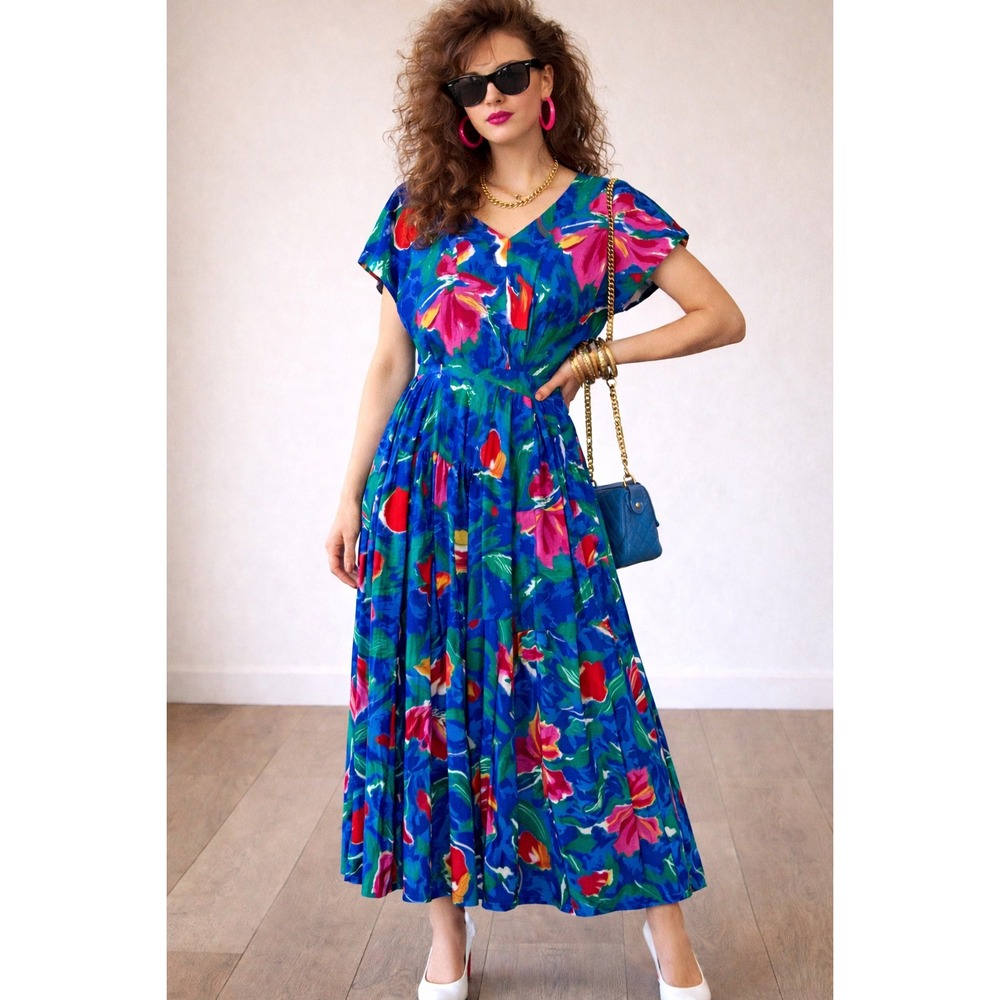 Vintage REO Originals Floral Maxi Dress Button Back Size‎ 16 Glam Chic 1980s